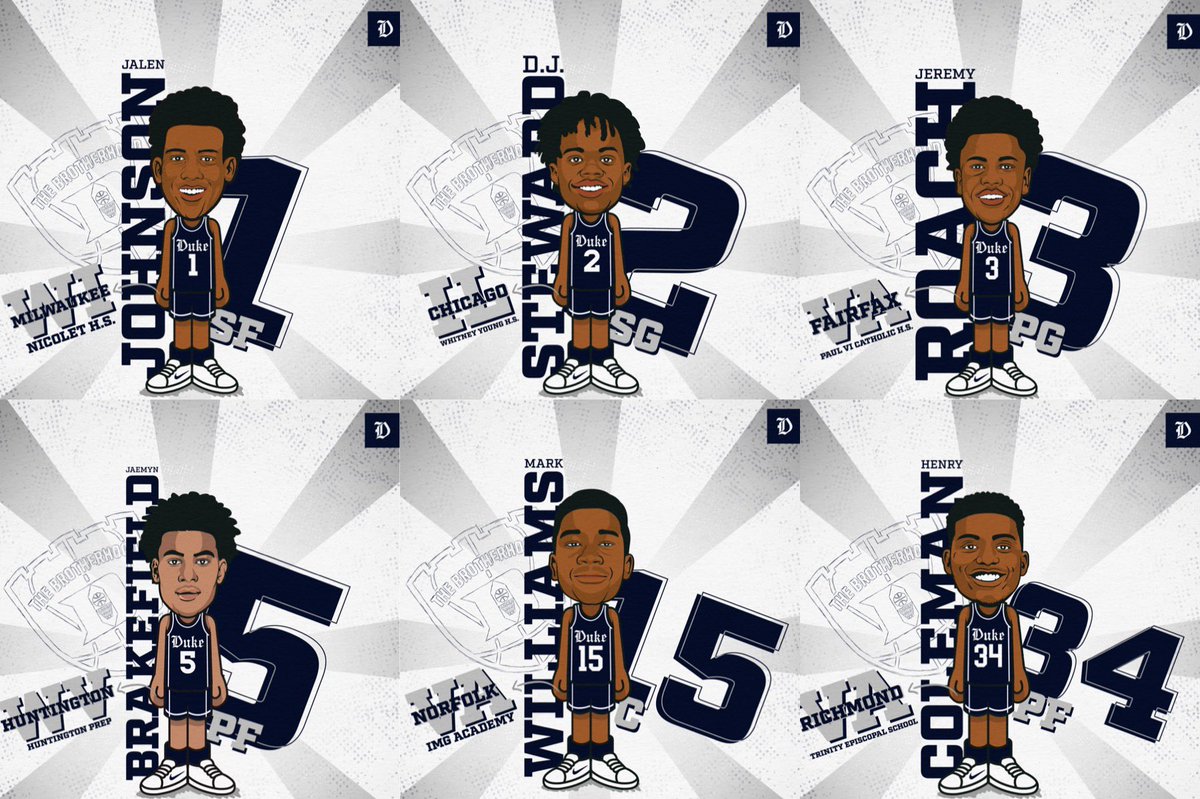 DukeMBB's tweet photo. 🚨 2020-21 Frosh #️⃣ Reveal 🔵😈❗️

1️⃣ @Jalen_J23 
2️⃣ @swipasnipa 
3️⃣ @Jeremyroach10 
5️⃣ @Jaemyn1 
1️⃣5️⃣ @MarkWi1liams 
3️⃣4️⃣ @hencoleman3 

#TheBrotherhood https://t.co/2NegGLvQdl