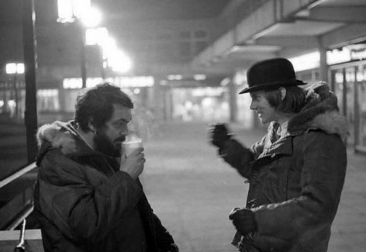 MasterKubrick's tweet image. Stanley Kubrick and Malcolm Mcdowell on the sets of A Clockwork orange
