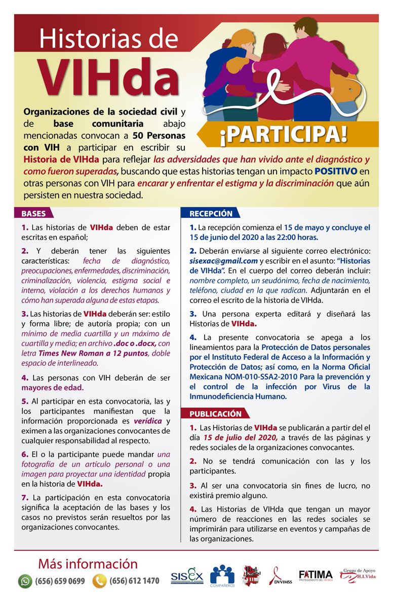 sisexac's tweet photo. Convocatoria para personas con #VIH, escribiendo sus #HistoriasDeVIHda para reflejar las adversidades que han vivido ante el diagnóstico y como fueron superadas.
#PVVS #sida #Convocatoria #Chihuahua #México #SISEXAC #DVVIMSS #FÁTIMAIBP #ProgramaCompañerosAC #RedVIHChih #HIVida https://t.co/O6V5QKh5vG