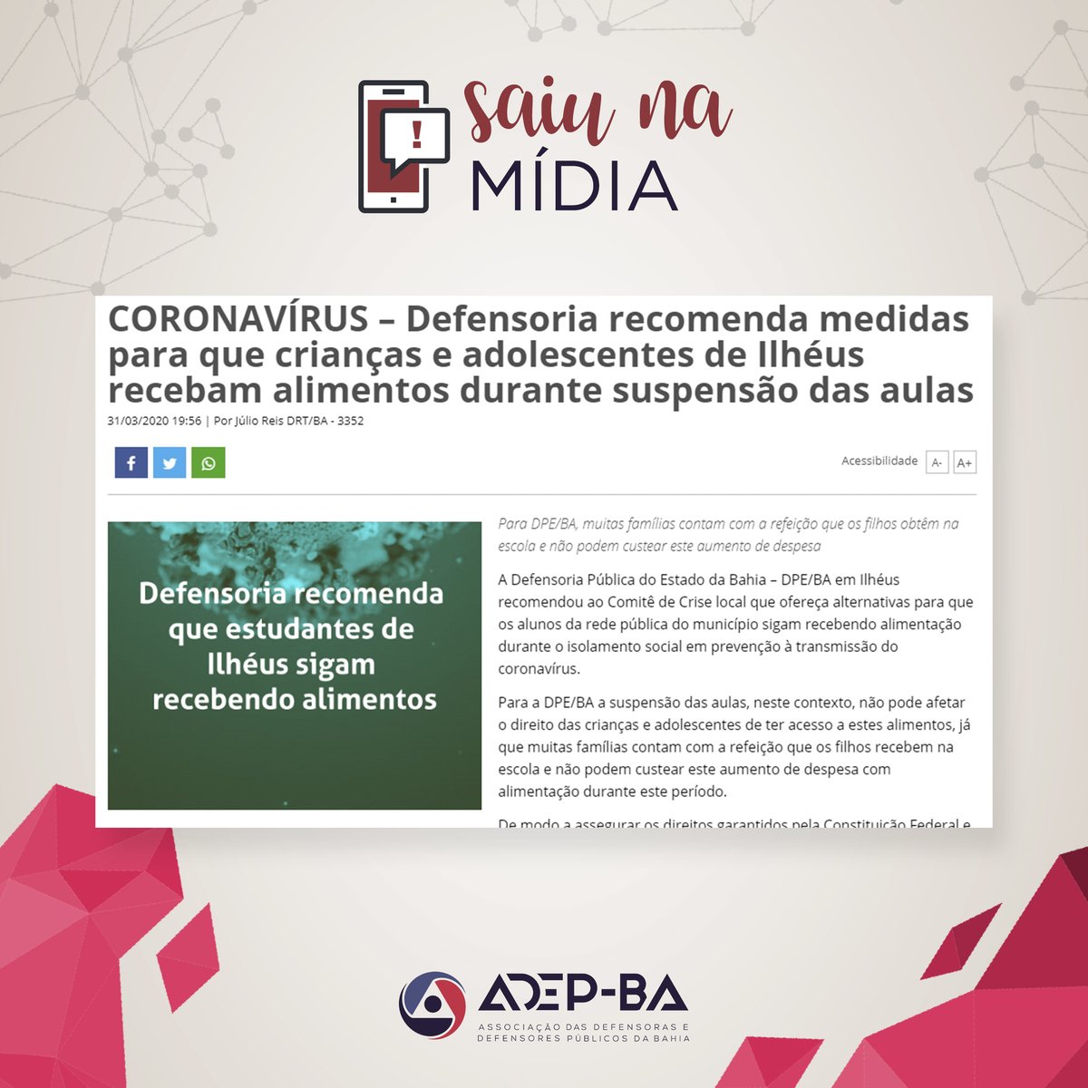 adepbahia's tweet photo. #SaiuNaMídia Defensoria recomenda medidas para que crianças e adolescentes de Ilhéus recebam alimentos durante suspensão das aulas.
#DefensoriaSim #ADEPBA #FiqueEmCasa https://t.co/wtQooLJegm