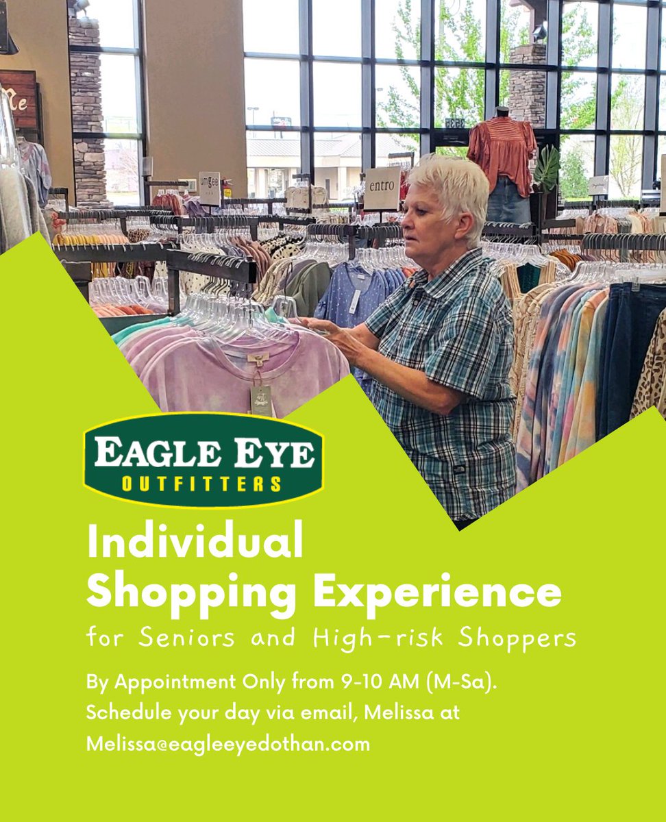 Did you know we have an Individual Shopping Experience for Seniors and High-risk Shoppers!? 💚

They are available from 9-10 AM (M-Sa). To scheudle your appointment email, Melissa at melissa@eagleeyedothan.com