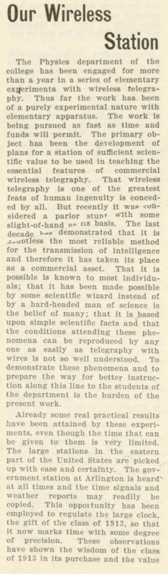 LVCPhysics's tweet photo. One hundred five years ago this week, LVC physics students were engaged in experiments with wireless telegraphy.  Larger stations in the eastern US were picked up with ease. It was deemed ‘the most reliable method for the transmission of intelligence.’ #golvc #physicsfact https://t.co/3MVpL8J7Vo