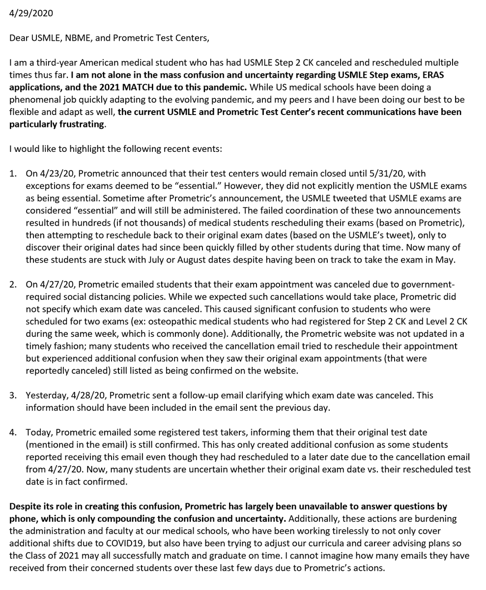 DisgruntledPGY1's tweet photo. @londyloo Hi fellow med student, will you help spread my letter to @NBMEnow @TheUSMLE @PrometricGlobal
 asking for better communication, transparency, &amp; contingency planning for us? See my pinned tweet for the original. Thanks so much! #StepUpUSMLE #StepUpNBME #StepUpMedEd https://t.co/8Divtjco1s
