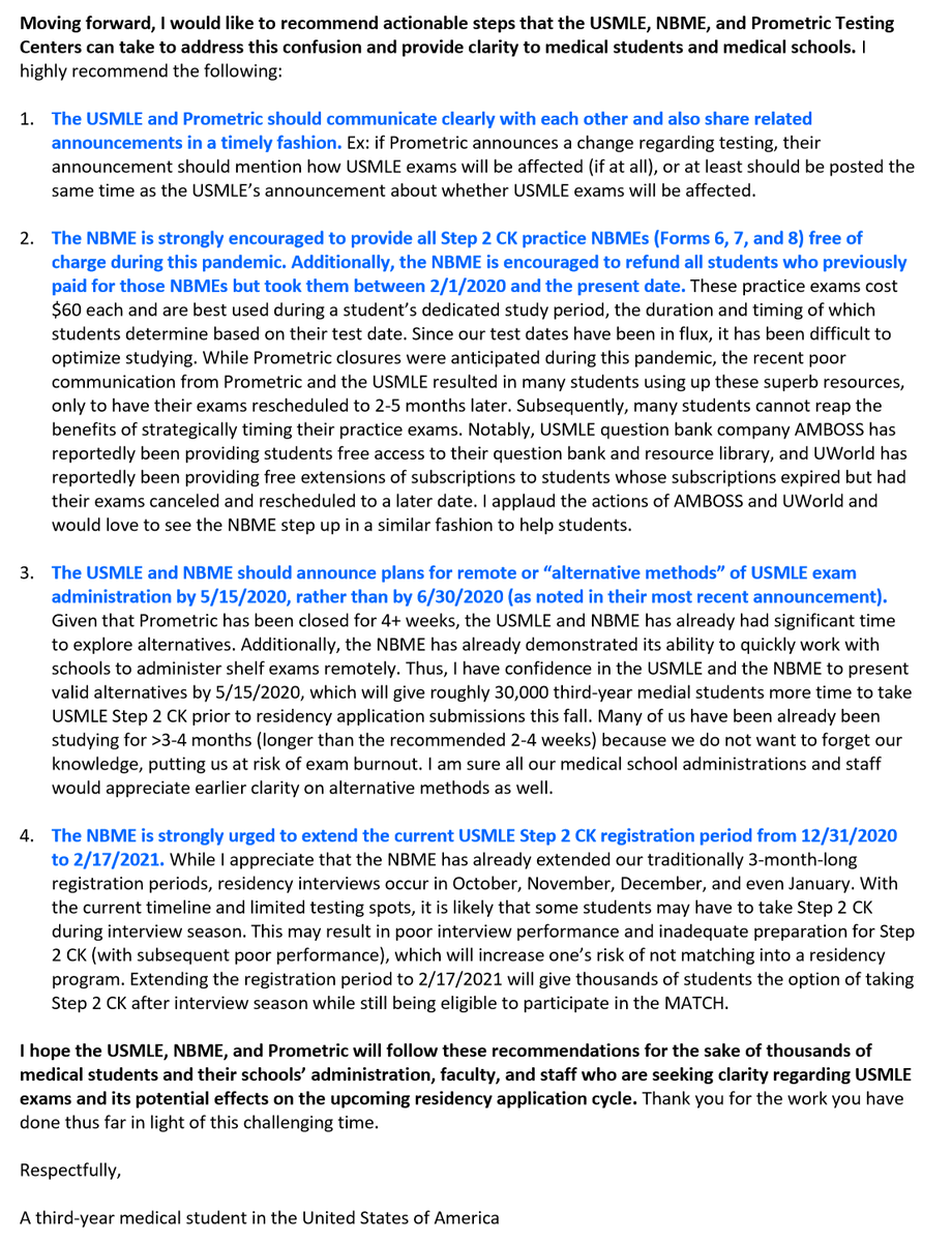 DisgruntledPGY1's tweet photo. @londyloo Hi fellow med student, will you help spread my letter to @NBMEnow @TheUSMLE @PrometricGlobal
 asking for better communication, transparency, &amp; contingency planning for us? See my pinned tweet for the original. Thanks so much! #StepUpUSMLE #StepUpNBME #StepUpMedEd https://t.co/8Divtjco1s