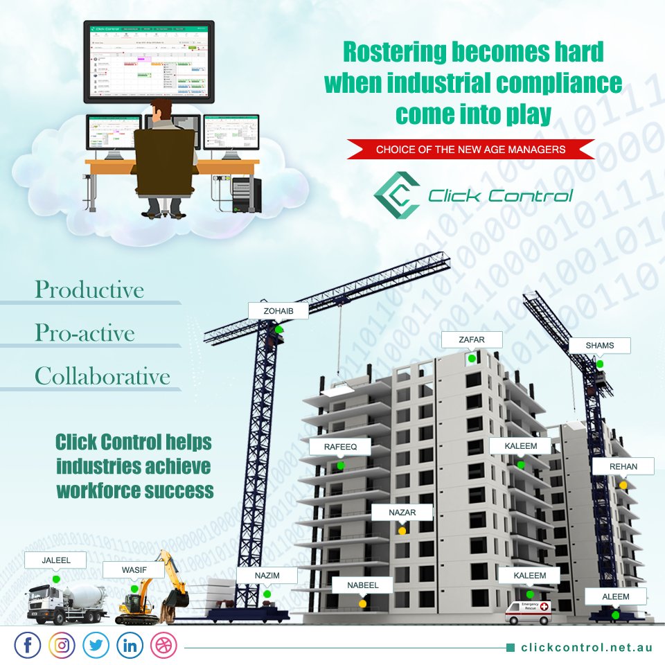 clickcontrol_au's tweet image. Rostering becomes hard when industrial compliance come into play. Click Control helps industries achieve workforce success.
Click Control ! Choice of the New Age managers.
#ClickControl #Fieldforce #WorkforceManagement #OptimizedEmployeeScheduling #Industry #Construction