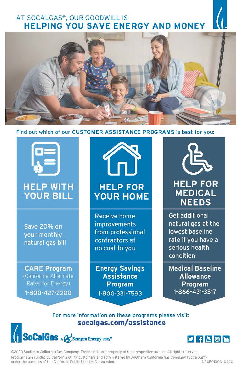 Good News Fridays! SoCalGas Customers these are Assistance Programs-
Save 20% on gas bill
Help for Home – no cost home weatherization
Help for Medical Needs

@DeniseSoCalGas 

#Socalgas #Community #Partners #Action #Savings #Environment