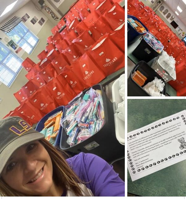 MelyndaRodrigue's tweet photo. Mrs. Authement, our librarian was busy filling our students’ bags with items she received from a grant. BBE families don’t forget to stop by school Monday to pick it up. Every student gets one! #DaretobeaBEAR #Learningisoccuring #TPSDPride https://t.co/yhS9Kv3L47