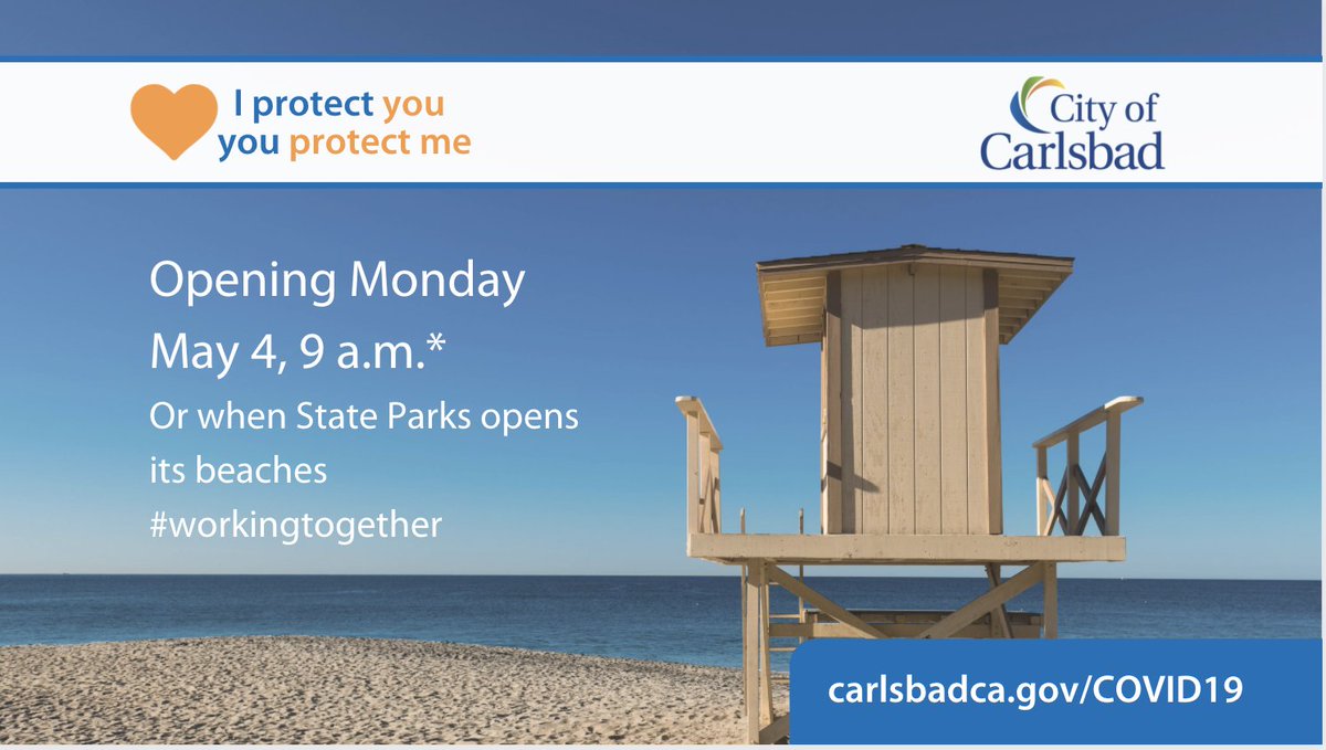 carlsbadcagov's tweet photo. Carlsbad will open its beach to some uses Monday at 9 a.m. OR in conjunction with @CAStateParks, which controls vast majority of beaches in #Carlsbad. https://t.co/u3TAJtqltN https://t.co/ZqFWqX2fOD