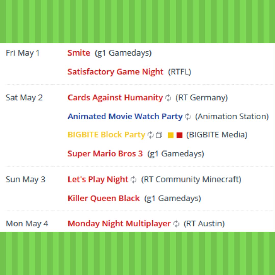 RTW_Community's tweet photo. The fun never stops with #RTCommunityEvents Check out what's up with @g1_Gamedays @RT_Florida @rt_germany @RT_AnimStation @BIGBITEmedia @RT__Minecraft and @RTAustinTX
For details on all of these evetns and more, go to our community calendar here: https://t.co/rlwhIOcCti #RTWCC https://t.co/0RYHRzYu7o