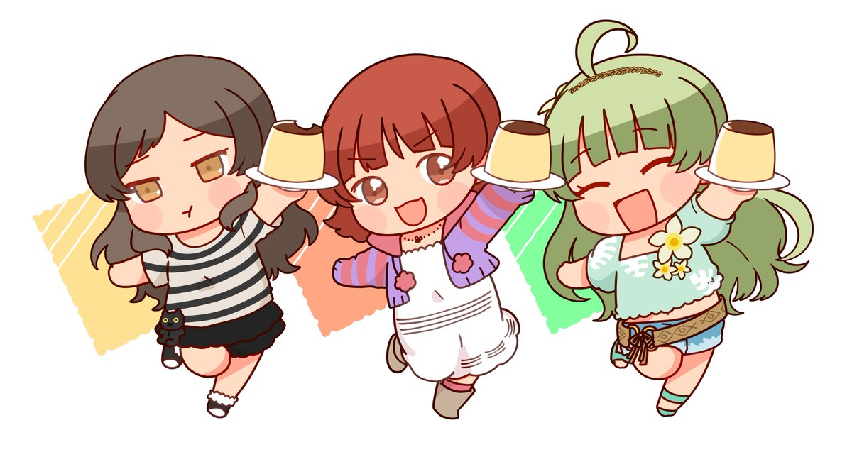 3girls multiple girls food pudding ahoge green hair chibi  illustration images