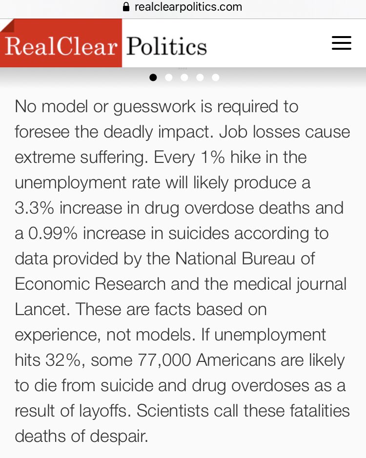 Ferguson estimates that opening schools will up Corona deaths by 2%. That’s 2K more deaths if Corona were to kill 100K in the US.Every % (100 basis points) rise in Unemployment ups suicides by 0.99%. If Unemployment averages “only” 20% this year, it will add 8K suicides.