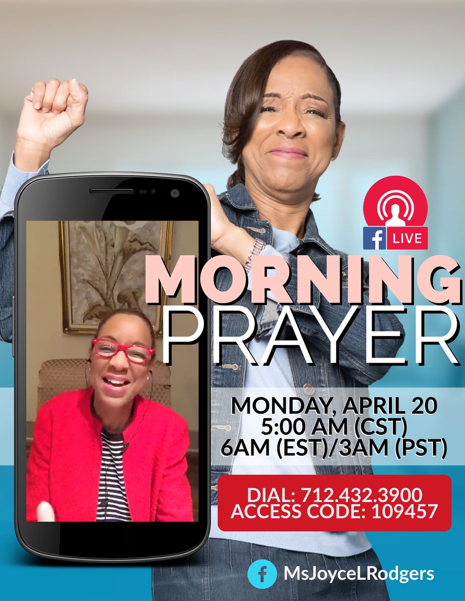 MsJoyceLRodgers's tweet photo. Join me in the morning at 5AM for a time of strategic prayer! Watch LIVE on Facebook or dial the Prayer Conference Call line. Let’s start this week off in prayer. 🙏🏽 #ReJOYCE https://t.co/AebyWdcG6o