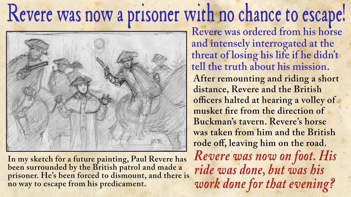 With no horse and a prisoner of the British patrol, Revere let his captors know that they were surrounded by a countryside alarmed & in arms. Here’s a sketch of this event. Free Audio Book and eBook featuring my pen and ink illustrations at PaulRevereBook.com #MidnightRide