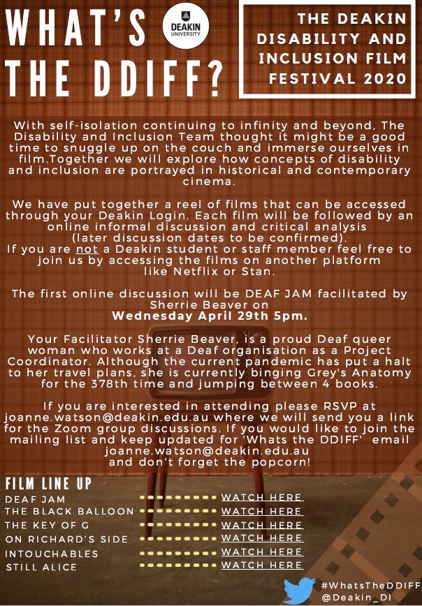 Disability & Inclusion Studies @ Deakin University (@deakin_di) on Twitter photo Join us 4 the 1st #WhatsTheDDIFF event, an online film fest exploring how #disability is portrayed on screen. <a href="/Deakin/">Deakin University</a> students & staff have put together the lineup. Our online discussion on <a href="/DeafJamDoc/">Deaf Jam film</a> is April 29, 5pm (AEST) with @isigniwander. More details below. Plse share. Join us 4 the 1st #WhatsTheDDIFF event, an online film fest exploring how #disability is portrayed on screen. <a href="/Deakin/">Deakin University</a> students & staff have put together the lineup. Our online discussion on <a href="/DeafJamDoc/">Deaf Jam film</a> is April 29, 5pm (AEST) with @isigniwander. More details below. Plse share.