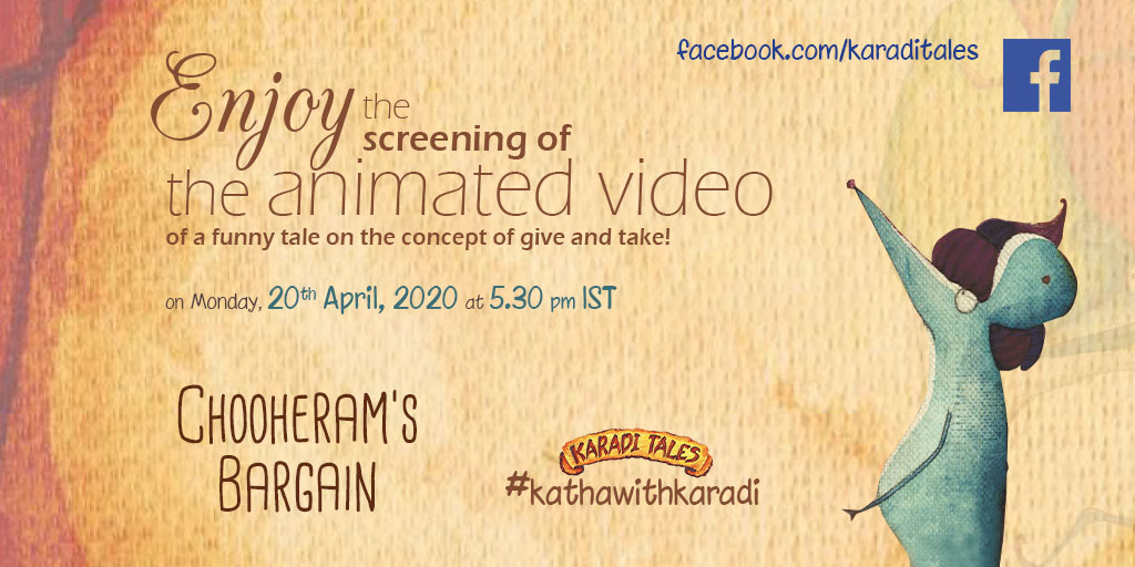 karaditales's tweet photo. #KathaWithKaradi
For our second animation screening we bring you Chooheram's Bargain! Tune in at 5:30 PM to catch it - right here on Facebook!
#karaditales #humour #Stayhomestaysafe #animation #screening #thingstododuringthelockdown #storytime @KaradiPath @samitaaiyer #kidlit https://t.co/HZxOFketYQ