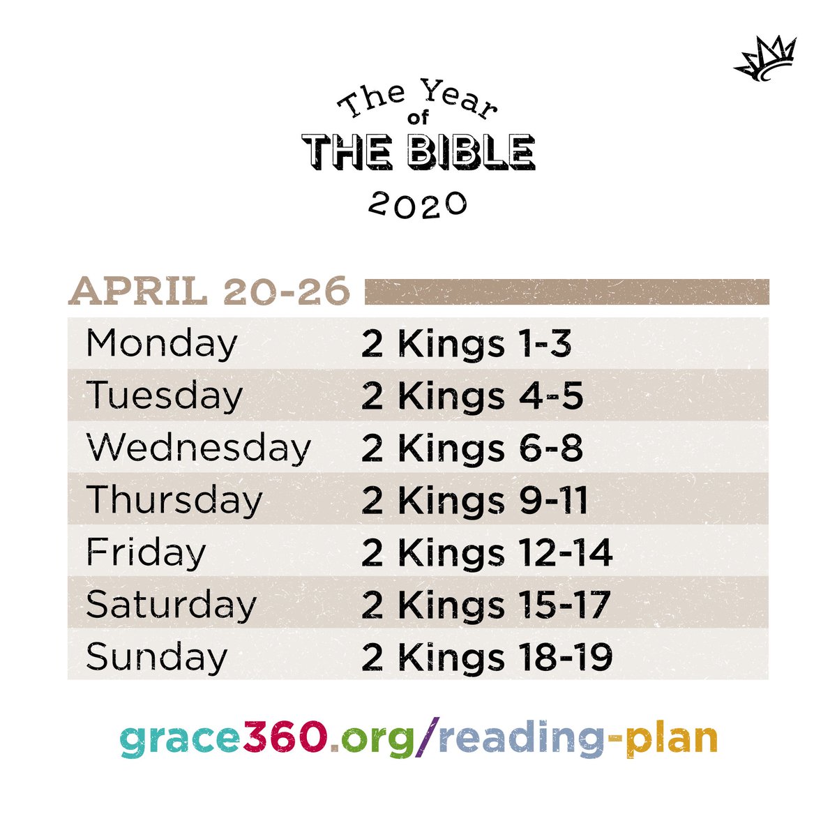Reading the Bible in 2020 with Grace? Here are the chapters for this week. Want to start reading? Visit grace360.org/reading-plan for details.