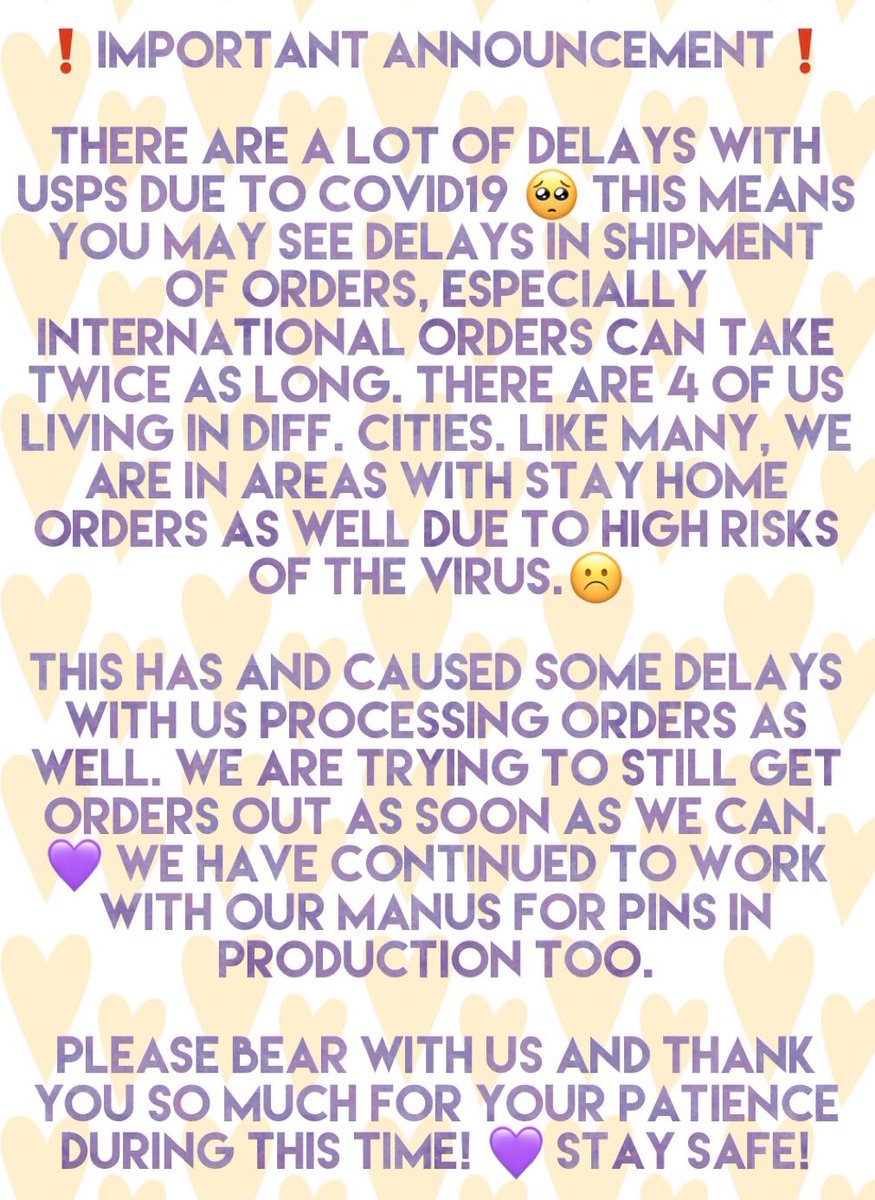 hwagaemarketpin's tweet photo. 🤍 Announcement 🤍

As stated above, we just want to say we are sorry for any delays! 

That being said, we are trying our best to complete orders that have been made and get them mailed out💜We will continue to update you on any issues! Thank you &amp; stay safe! 🙏🏼

#bts #hmpupdate https://t.co/zNcY481kg0