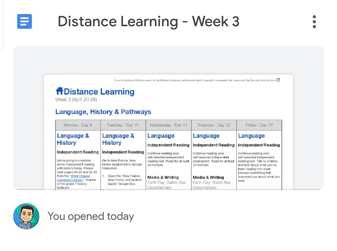 As we head into Week 3 of  #distancelearning, here's my routine:• create a weekly schedule in a (live) Google Doc;• schedule everything to be released Monday morning;• anticipate learning/tasks/readings that might be better explained in a video. If it can't be... (THREAD)