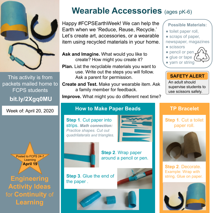 FCPSSTEAM's tweet photo. It's #FCPSEarthWeek! Use recyclables and #FCPSSTEAM engineering practices to create paper beads, a #marblerun or #CSinFCPS binary bracelets. Ideas from packets mailed home https://t.co/A4CDC8R0hq and inspired by @DiscoverEorg @Codeorg #fcpsPOG @prc_fcps @FCPSEquity @fcpsGet2Green https://t.co/XtSNYn3y1k