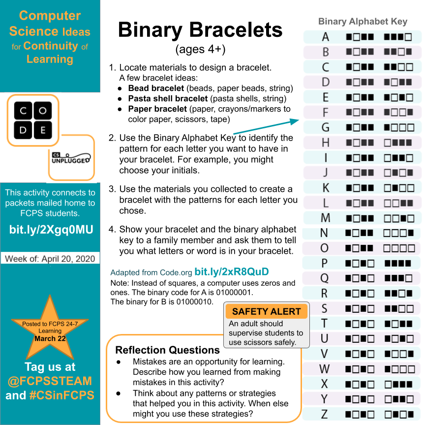 FCPSSTEAM's tweet photo. It's #FCPSEarthWeek! Use recyclables and #FCPSSTEAM engineering practices to create paper beads, a #marblerun or #CSinFCPS binary bracelets. Ideas from packets mailed home https://t.co/A4CDC8R0hq and inspired by @DiscoverEorg @Codeorg #fcpsPOG @prc_fcps @FCPSEquity @fcpsGet2Green https://t.co/XtSNYn3y1k