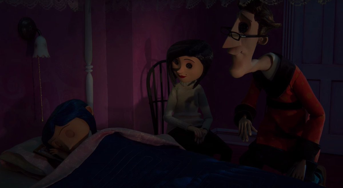 (19) When the other mother sits and watches Coraline fall asleep, she is replaced by the doll in the real world, further demonstrating how she’s watching Coraline through the doll.