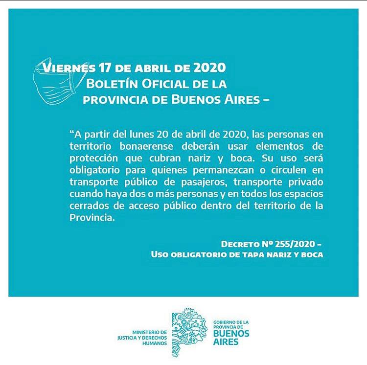 PuertoDockSudok's tweet photo. A partir del Lunes 20 de abril las personas en territorio bonaerense  deberán usar protección en nariz y boca
Decreto 255/2020-USO OBLIGATORIO DE TAPA NARIZ Y BOCA
#ResponsabilidadSocial #QuedateEnCasa 
#CuarentenaObligatoria https://t.co/S3XOugsdfb
