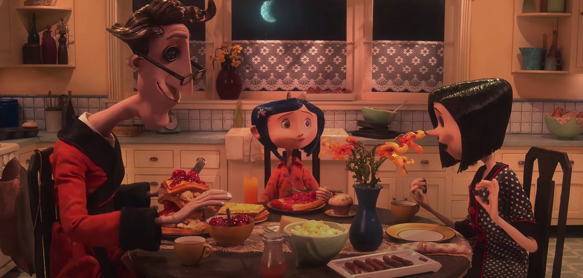 (22) Whenever Coraline and her other family are eating together, the other mother never has anything on her plate, and only eats one thing during the entire film. This is to assume that her main and only diet is the souls of children and the occasional bug.