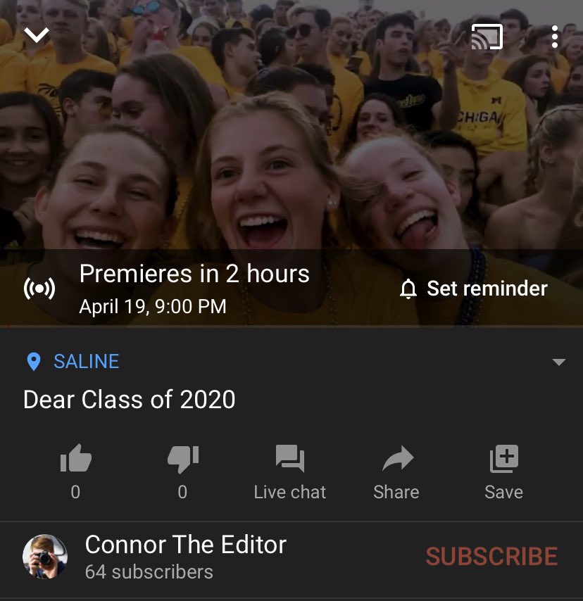 The video is done!! It will be visible at 9:00 tonight. Thank you to everyone who helped throughout this process. youtu.be/1aN4KwCAnMg