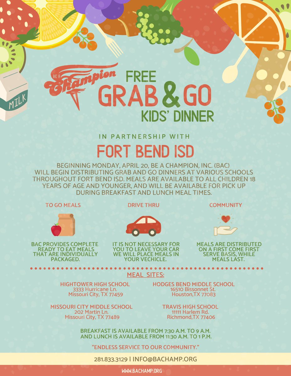 FortBendISD's tweet photo. Fort Bend ISD will begin offering Grab and Go dinners in partnership with Be A Champion, beginning Monday, April 20. Meals are available to students 18 years of age and younger, and will be available for pick up during breakfast and lunch meal times. https://t.co/nzTsR5yn7S