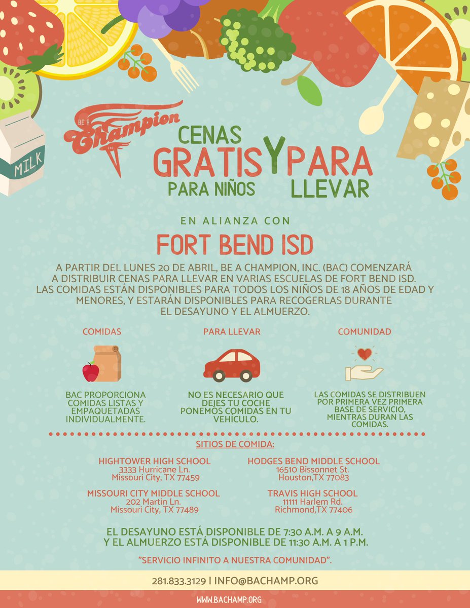FortBendISD's tweet photo. Fort Bend ISD will begin offering Grab and Go dinners in partnership with Be A Champion, beginning Monday, April 20. Meals are available to students 18 years of age and younger, and will be available for pick up during breakfast and lunch meal times. https://t.co/nzTsR5yn7S