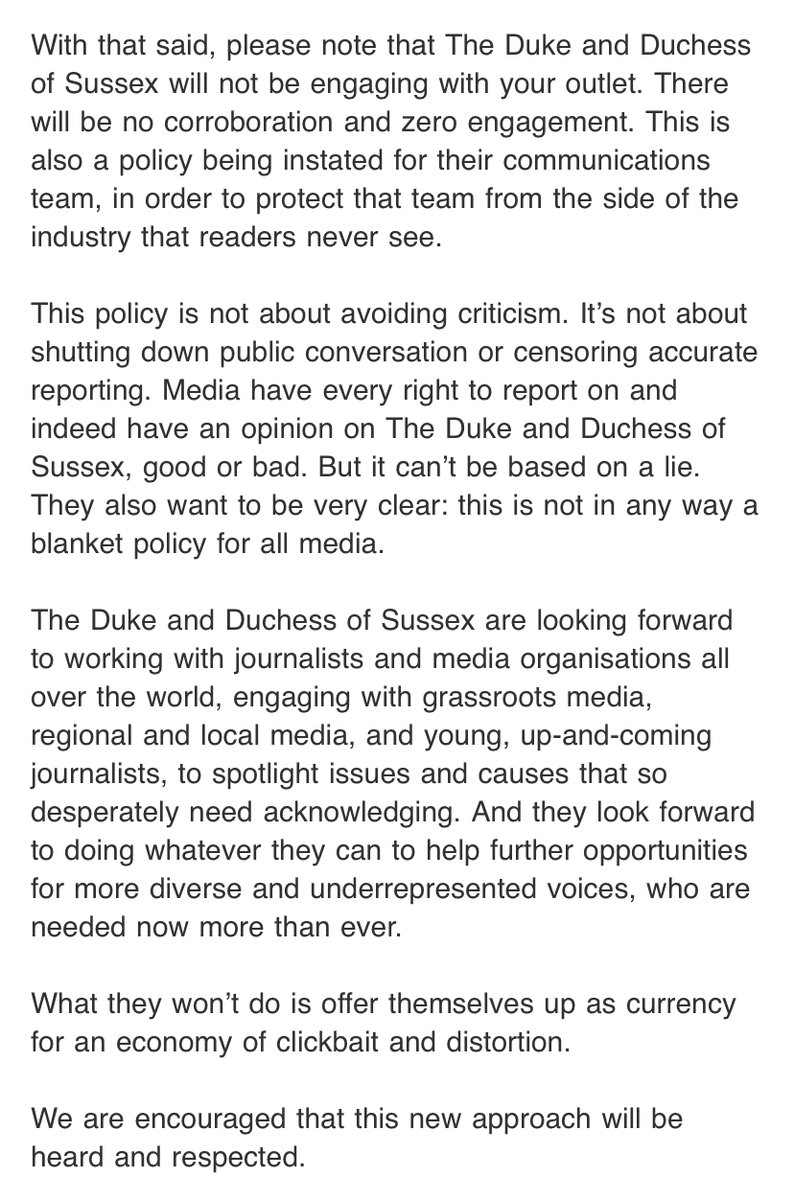 NEW: In a Sunday night letter, Prince Harry and Meghan Markle have written to editors of the four major British tabloids - The Sun, Daily Express, Daily Mirror and Daily Mail - promising never to work with them again, barring all access into the future. The letter in full:
