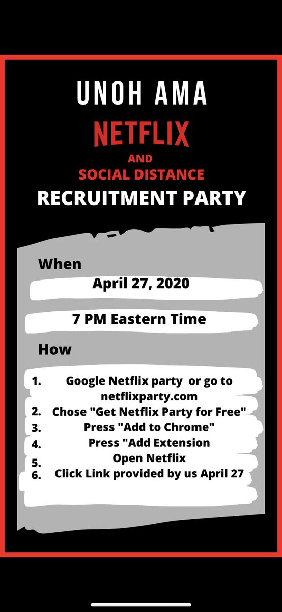 On Monday, April 27, 2020 we will be hosting a Netflix and Social Distance Party! The second photo shows how to get the extension onto your laptop to participate. This is open to all UNOH students! Check out our Instagram @unohamaofficial throughout the week vote on movies!