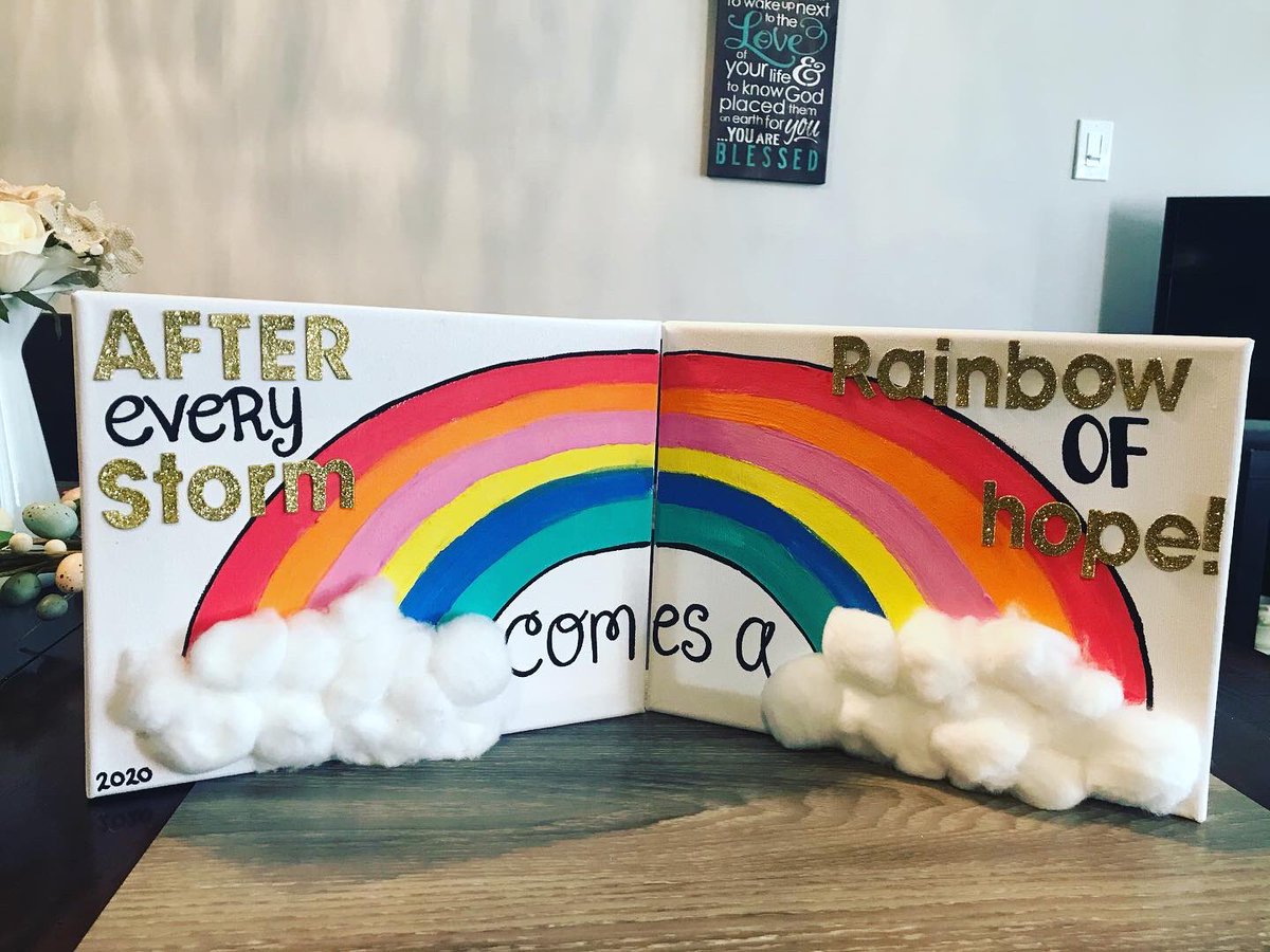 Tidbitsfrom2_3's tweet photo. Spreading some positivity and cheer today...the kids and I painted a rainbow of hope to place by our front door and to remind us that better days are yet to come! #hope #TogetherAtHome #somewhereovertherainbow🌈 https://t.co/Ojy1KmYsns
