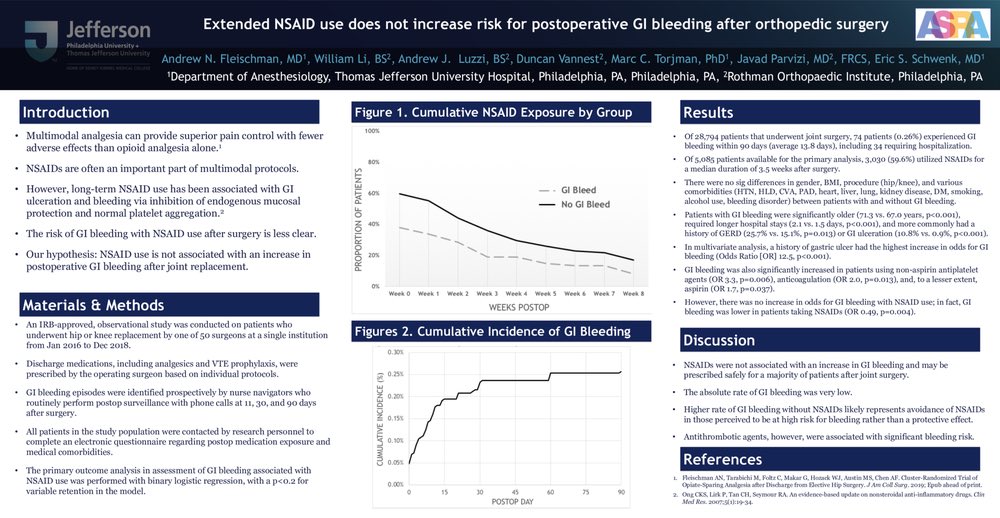 NarouzeMD's tweet photo. Extended NSAID use does not increase risk for postoperative GI bleeding after orthopedic surgery.
Observation study by @ESchwenkMD @JeffAnesthesia @ASRA_Society
#ASRAspring20 #MyFavoriteAbstracts
https://t.co/ew4hVUzzJ8 https://t.co/LcE3w0Oe7R