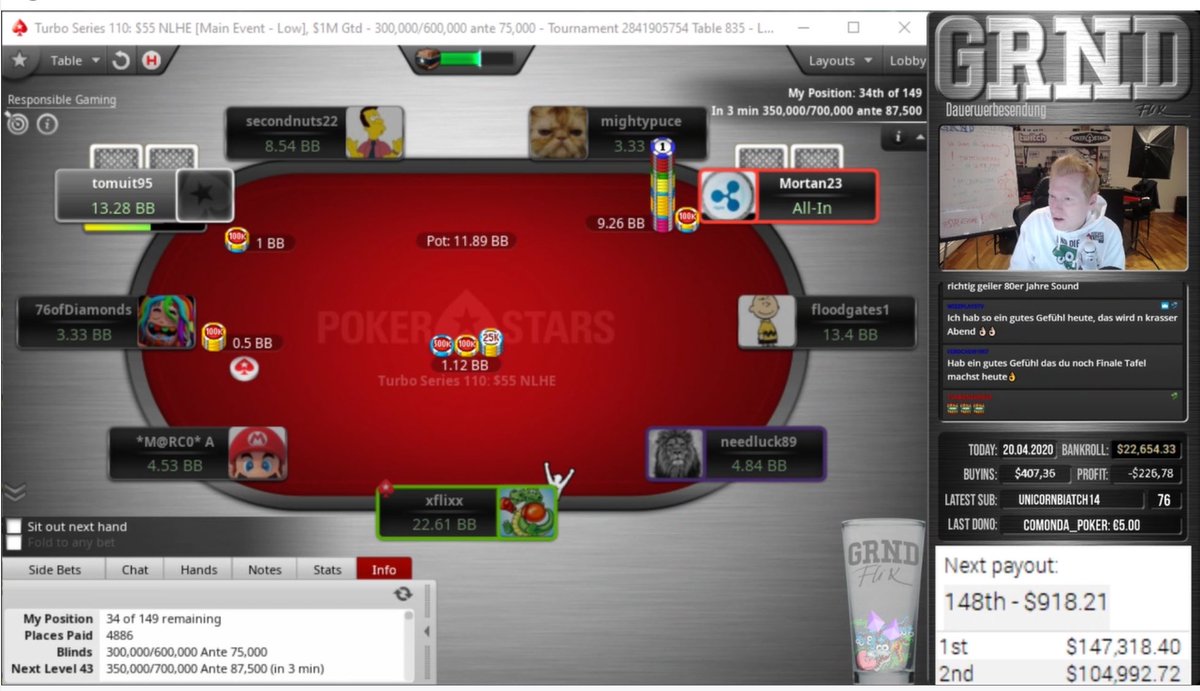 fischkopppoker's tweet photo. Spätschicht im Hause ⁦@xflixx⁩ Schneiders !!! Guter Stack im #TurboSeries ME–L ⁦@PokerStars⁩ bei noch 140 Spielern left, $900 safe und 147k (!!!) for 1st https://t.co/synWBtNlbi #GRND #TeamGRND https://t.co/9nvBiw94ub