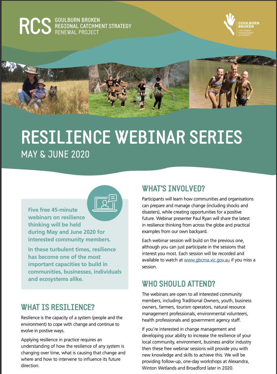 TaungurungC's tweet photo. Goulburn Broken CMA + Aust Resilience Centre are hosting 5 free 45-minute webinars in May/June.
Sessions will be recorded. They also plan to hold face-to-face workshops in Alexandra, Broadford and Winton Wetlands when social distancing restrictions are lifted. https://t.co/mgPqVDKw0t