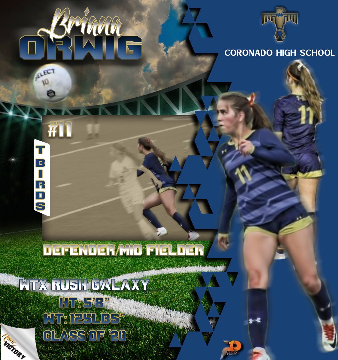#Prep1 Quick Stat ⚽️⭐️🔥💯
Player: Briana “Bri” Orwig
Class of: 2020
School: <a href="/LadyTBSoccer/">Lady T-Birds Soccer</a> 
Club: WTX Rush Galaxy 
🗣 <a href="/USW_WSoccer/">USW Women’s Soccer</a> 
City: El Paso, TX  
Jersey #: 1️⃣1️⃣
Position: Defender | Mid 
5’8” 125lbs.
🐦 <a href="/Briana28272727/">Briana</a> 
🌐 IG: brianao11
✍🏼📸 <a href="/houseofvictory_/">Frank Casas</a> | #Prep1Famous