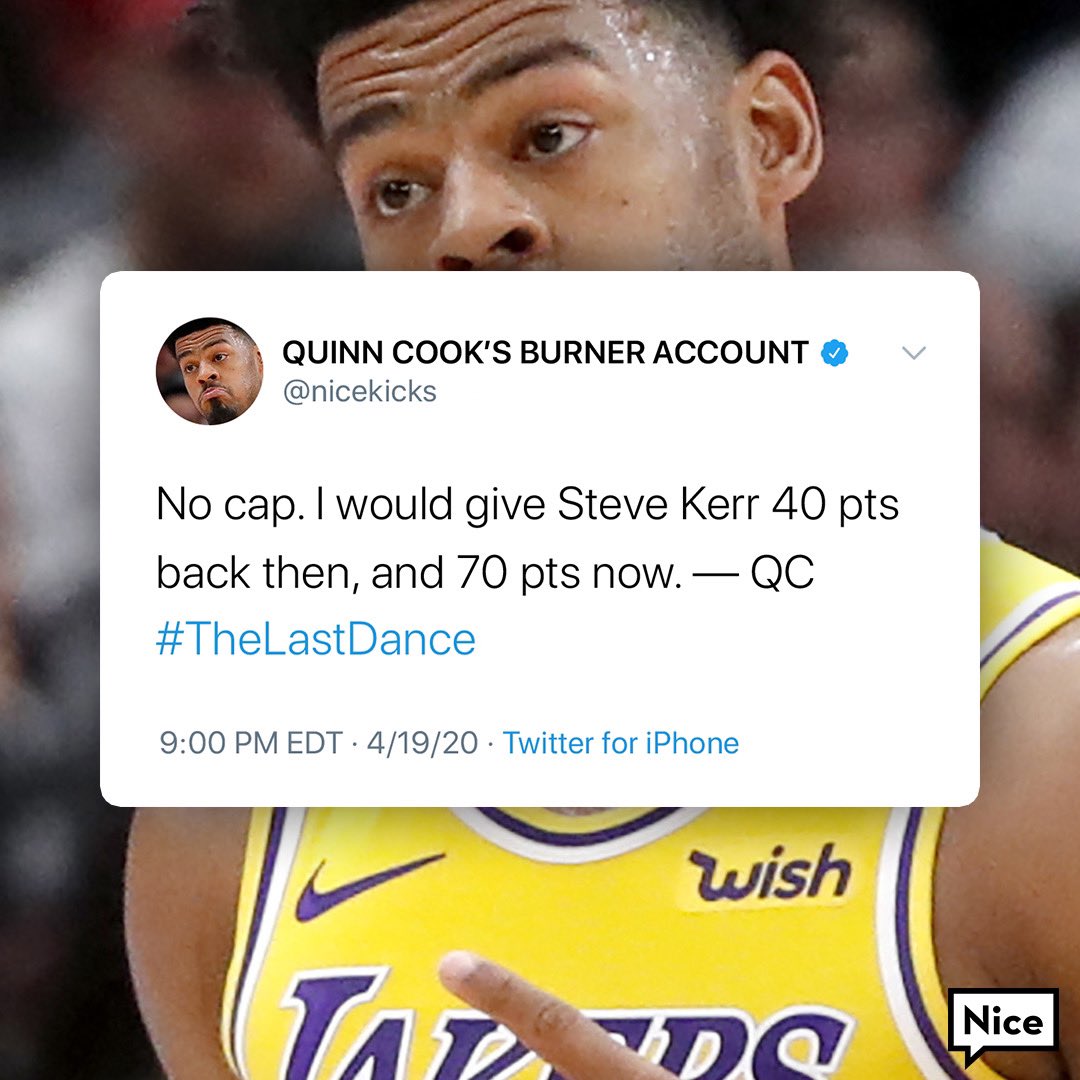 nicekicks's tweet photo. 🚨 Nice Kicks Twitter Watch Party 🚨

Quinn Cook and Kyle Kuzma of the @Lakers will be taking over the @Nicekicks account during #TheLastDance. 🍿

@QCook323 ➡️ 9PM EST
@kylekuzma ➡️ 10PM EST https://t.co/WfWI5IjY1q