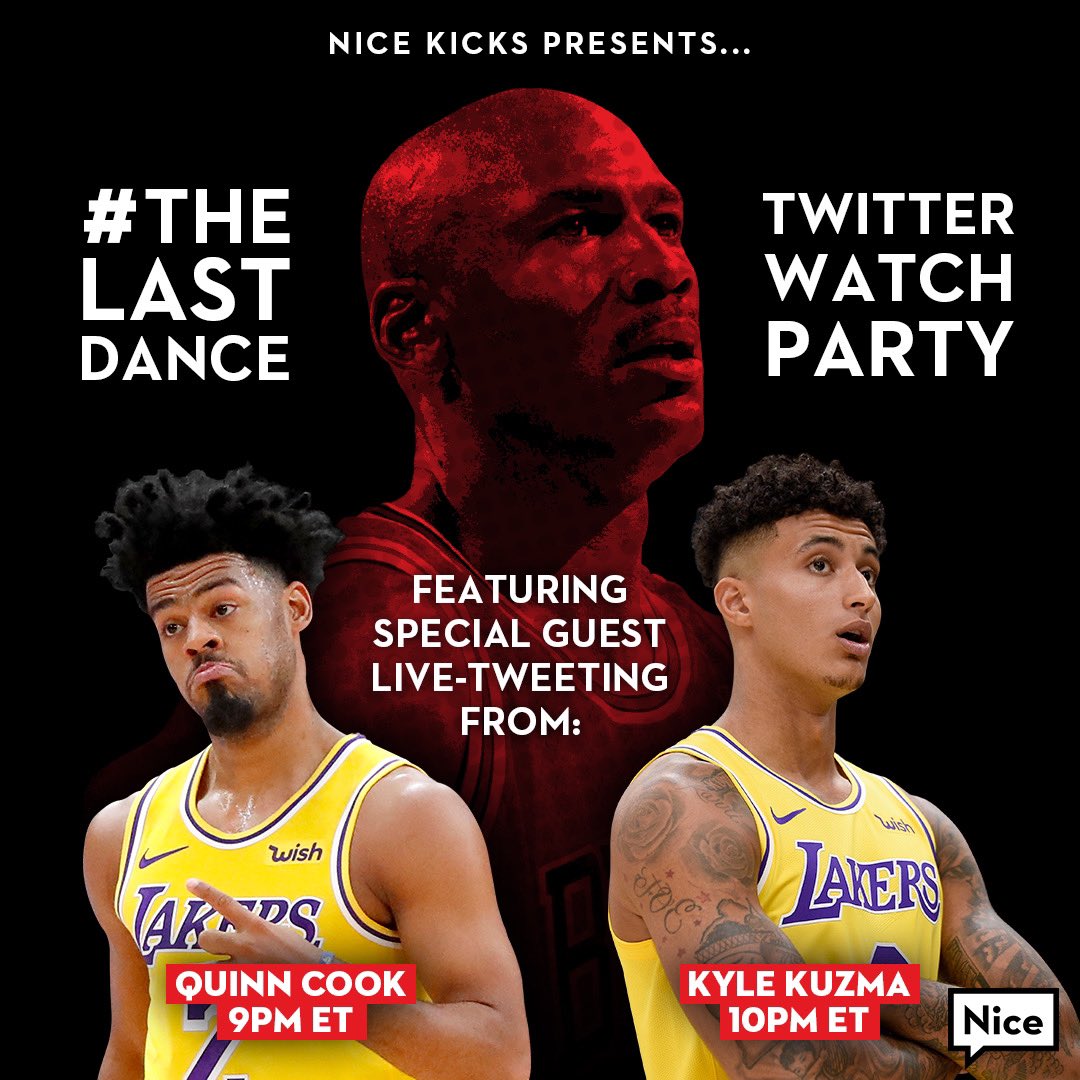 nicekicks's tweet photo. 🚨 Nice Kicks Twitter Watch Party 🚨

Quinn Cook and Kyle Kuzma of the @Lakers will be taking over the @Nicekicks account during #TheLastDance. 🍿

@QCook323 ➡️ 9PM EST
@kylekuzma ➡️ 10PM EST https://t.co/WfWI5IjY1q