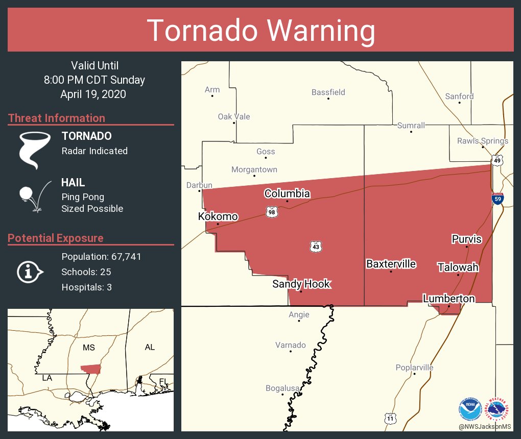 BestBrandWx's tweet photo. *TORNADO WARNING - SHARE POST* Columbia MS, Purvis MS, Lumberton MS until 8:00 PM CDT - strong circulation for increasing chance of a srong tornado &amp; golf ball sized hail!  MOVE TO YOUR TORNADO SHELTER PLAN! Please call folks who you know live in this area! #BestBrandWx #MsWx https://t.co/3BYFwO5UPk