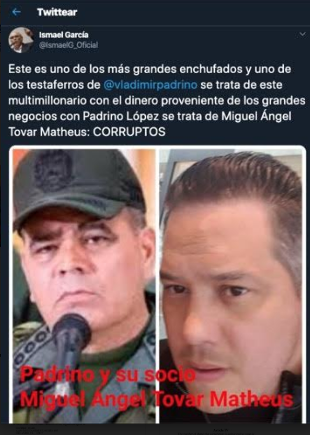 maibortpetit's tweet photo. #19Abril Miguel Ángel Tovar Matheus: Un contratista vinculado a Vladimir Padrino López que hizo negocios millonarios en los EE. UU. (I). Con su compadre, Constantino Padrino López y otros crearon un entramado de empresas de papel para  desangrar al estado
https://t.co/MTQwyqXqZ1 https://t.co/bbQdKO3tq6