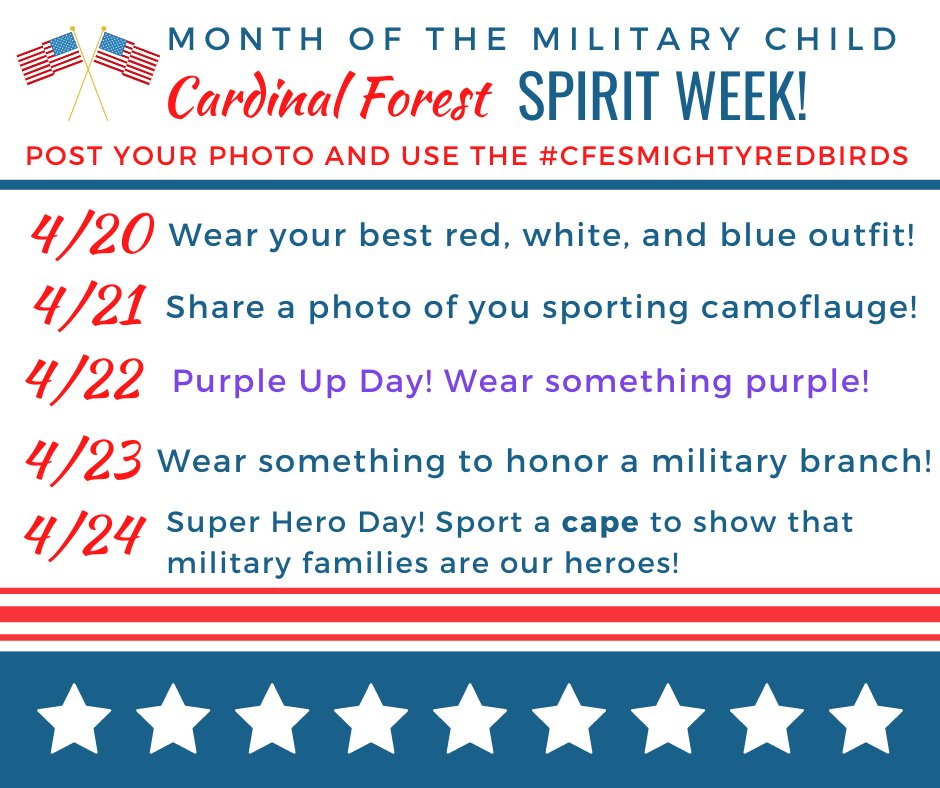 CFESRedBirds's tweet photo. We look forward to seeing your military inspired outfits and smiling faces for the #CFESMightyRedBirds #MonthOfTheMilitaryChild #SpiritWeek @Region4FCPS https://t.co/SZX9PRHZkz