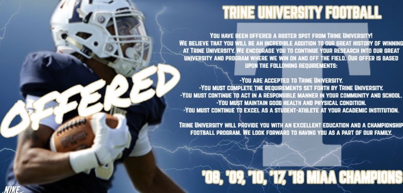 CarsonGulker27's tweet image. I am excited to say that I have received an offer to continue my football career at Trine University. Thanks to @CoachAbbs and @TrineThunderFB for the opportunity!