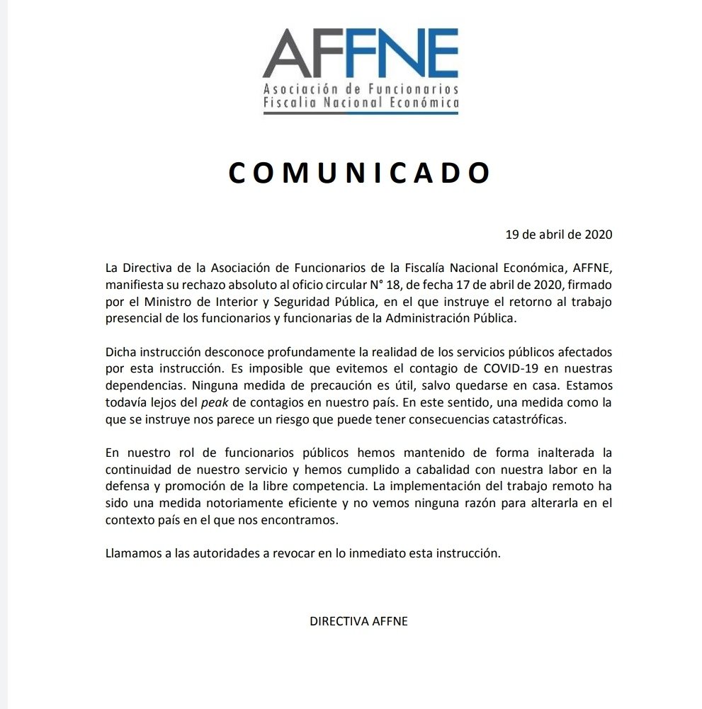 AFFNE_chile's tweet photo. La AFFNE rechaza categóricamente la instrucción del Gobierno de retornar al trabajo presencial, por poner en serio riesgo la salud de los funcionarios.

Hacemos un llamado a revocar la instructivo en lo inmediato. 

@anefchile https://t.co/CEJz9cnBi0