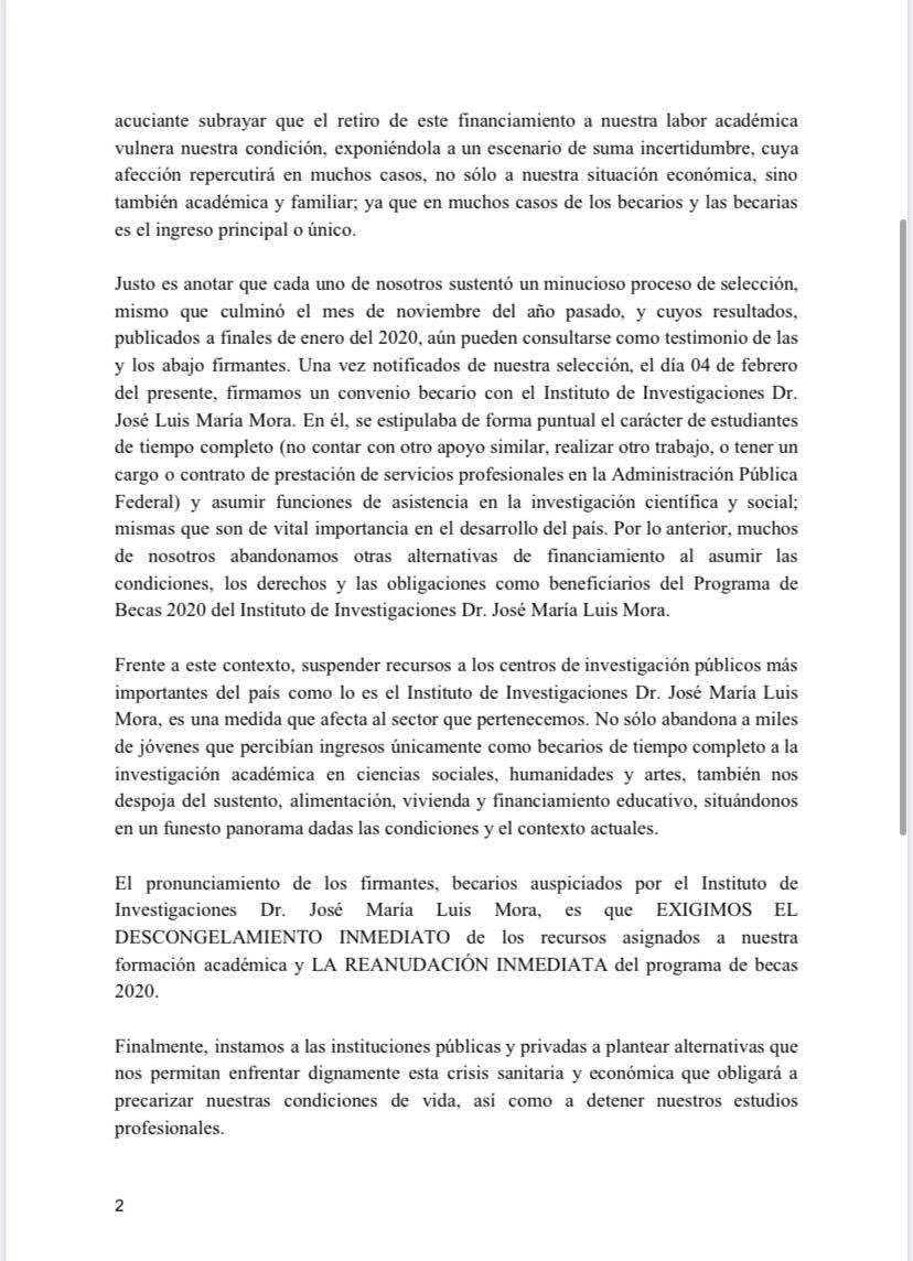 becariosmora20's tweet photo. Pronunciamiento de lxs estudiantes de licenciatura, maestría y doctorado en calidad de becarios, respecto a la decisión tomada por @Hacienda_Mexico así como el apoyo por parte del @institutomora  en la cancelación del programa de becas 2020.
#ConlasbecasNO #HaciendaasiNO https://t.co/qKMVXR1VFT