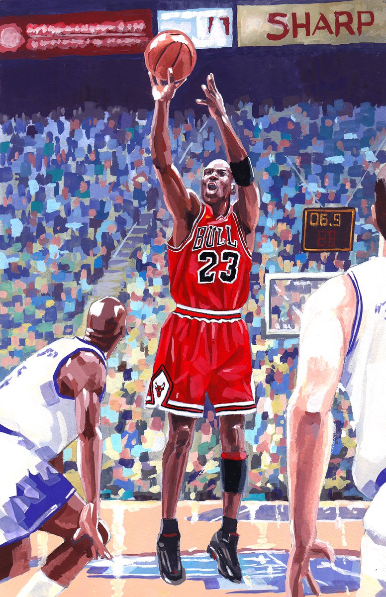 Here it is ... painting of MichaelJordan’s last shot as a Chicago Bull - the game winning shot of the 1998 NBA Finals game 6. Prints available at paintedbytom.com #LastDance #ChicagoBulls #MJ #MichaelJordan @chicagobulls #nba @espn