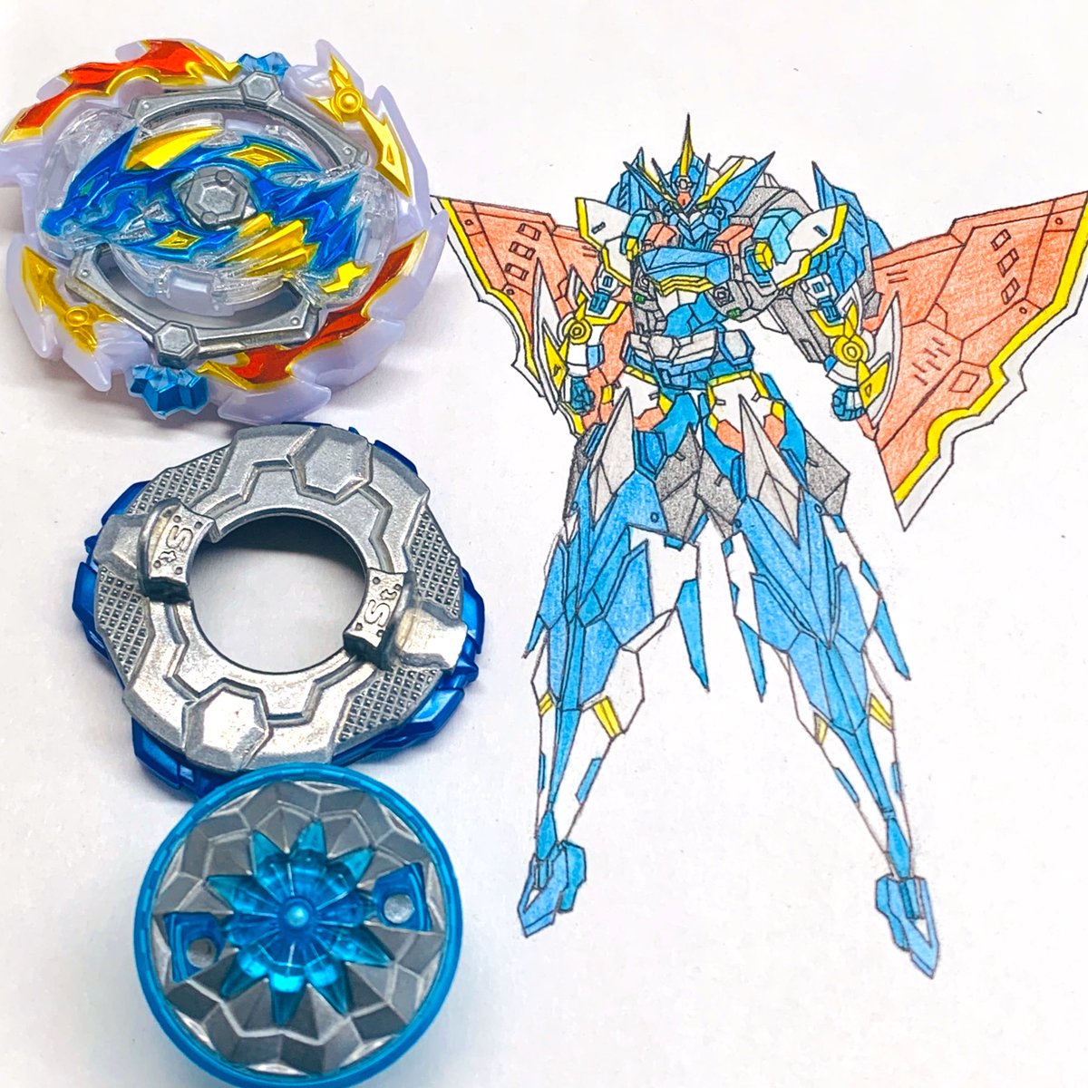 BeyRobo's tweet photo. 《ベイ×ロボ》エースドラゴン
背部にエースストライカーを装備した攻撃形態。エースストライカーは分離して戦闘機に変形可���！
#ベイブレードバースト 
#オリロボ https://t.co/bzYMpz86Nz