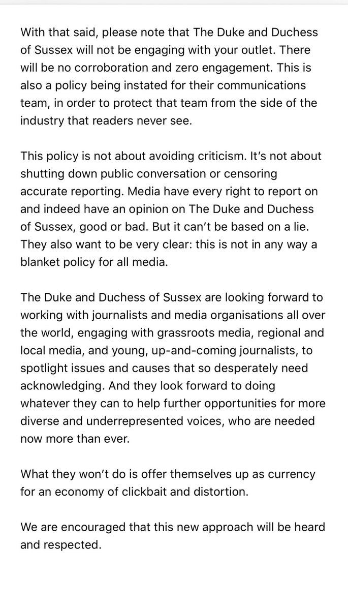 This evening Prince Harry and Duchess Meghan told the editors of four major British tabloids that they will never deal with them again. Their letter — written by representivies for the couple and sent to the Daily Mail, Express, Mirror and The Sun — can be read in full below