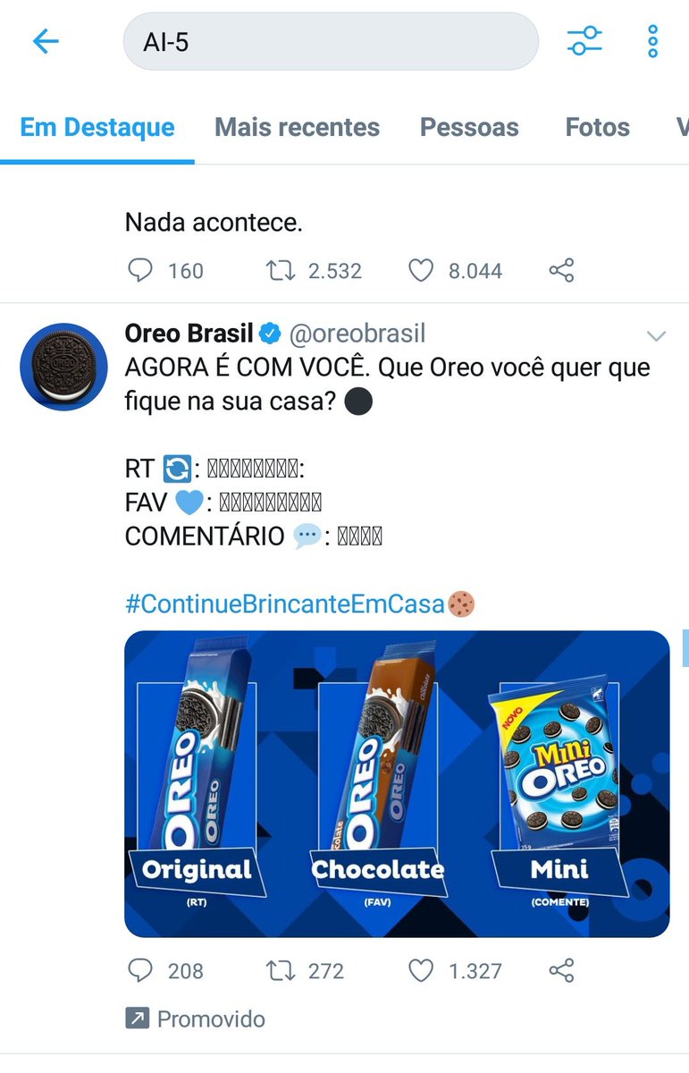 Jeromix's tweet photo. Ou a @oreobrasil patrocina uma ação de mkt direcionada ao chorume pró Ai5; ou o algoritmo do @TwitterBrasil não se importa com os assuntos em que pode faturar. No fim, parece que ambos não se importam com ações antidemocráticas contanto que lucrem. https://t.co/ezyWdQShl5