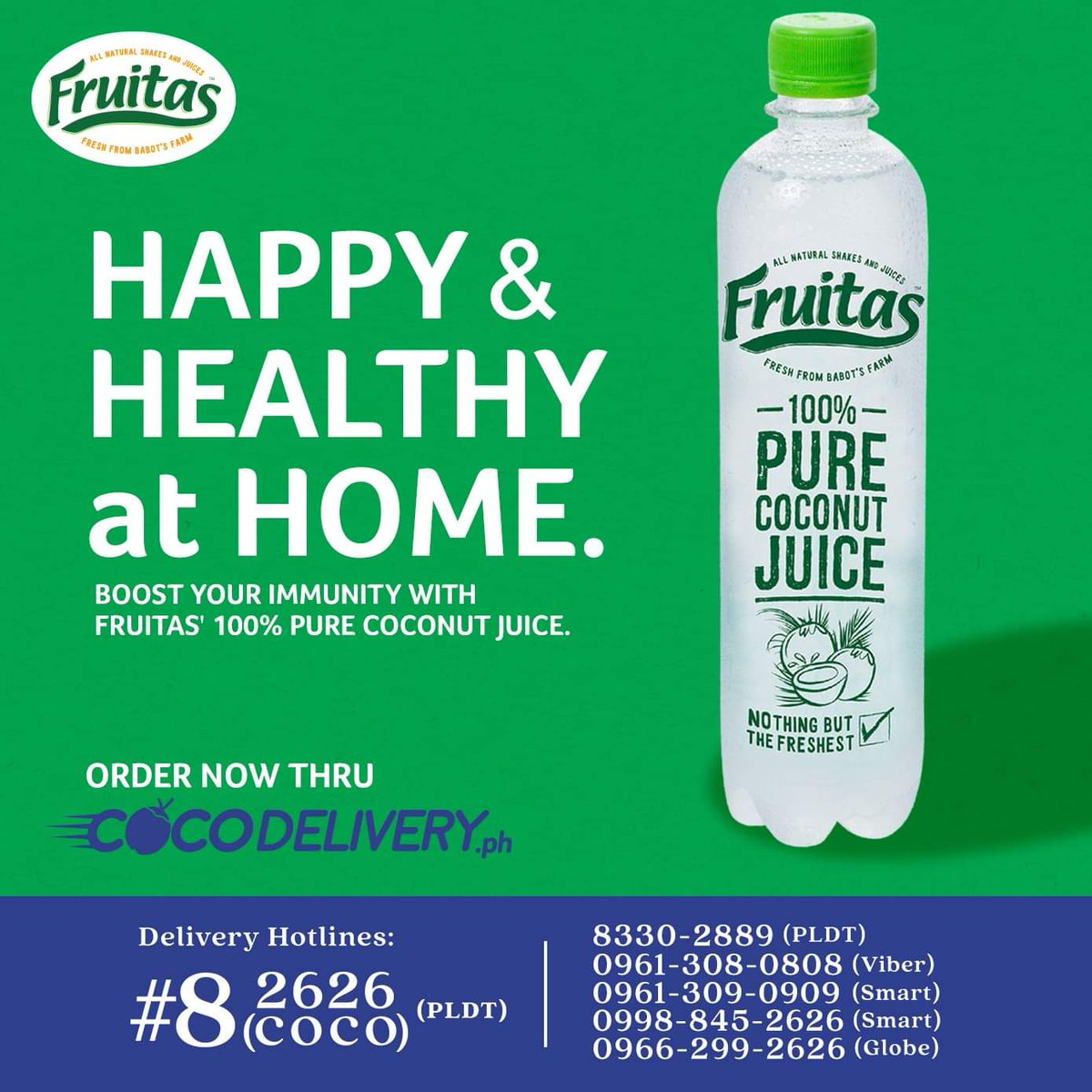FruitasPH's tweet photo. Stay safe and fresh at home with Cocodeliveryph.

To order, just dial #82626 (PLDT), 8330.2889 (PLDT), 0961.308.0808 (VIBER), 0961.309.0909 (SMART), 0998.845.2626 (SMART), 0966.299.2626 (GLOBE) for your hassle free 100% fresh buko juice delivery.

#FRUIT
#FruitasHoldings https://t.co/tm1YO7wwh2